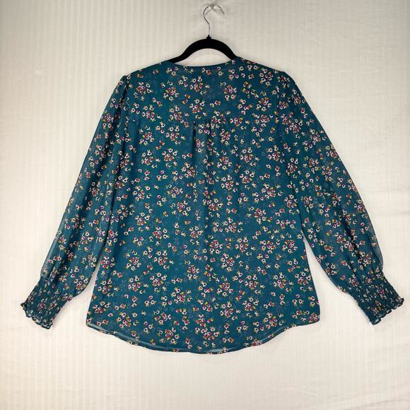 1. State Green Teal Red Floral Chiffon Blouse V-Neck Sheer Sleeves Size Medium - Picture 2 of 4